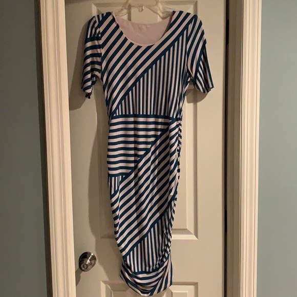 A Pea in the Pod Maternity Dress Small Turquoise Cream Geometric Stripe Stretch - Picture 4 of 6